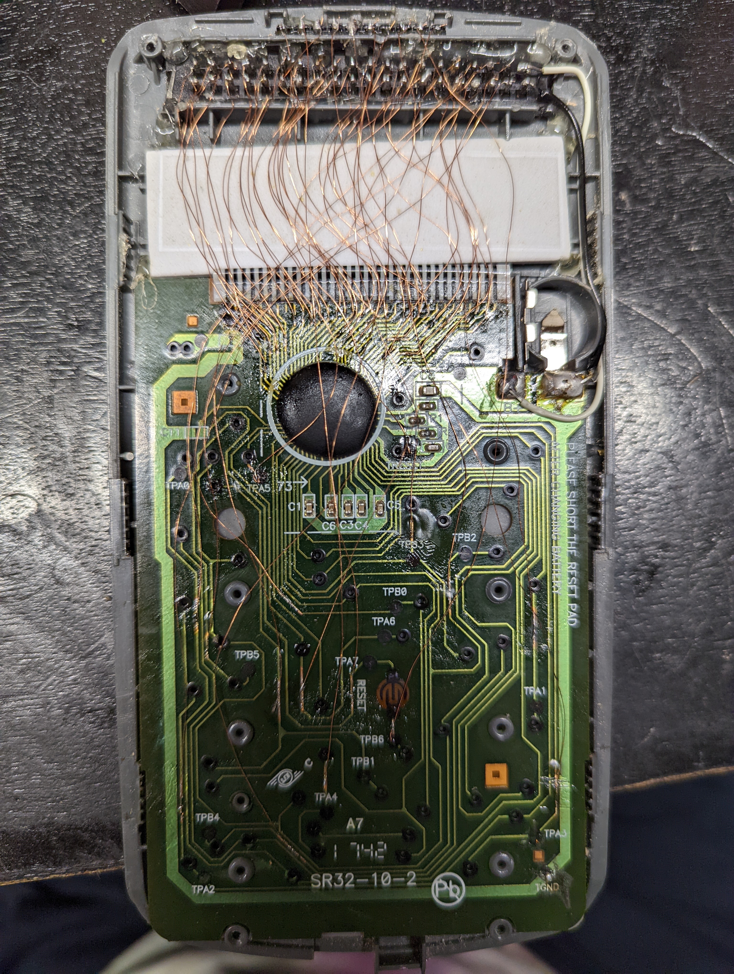 a picture of the inside of the calculator after it was modified